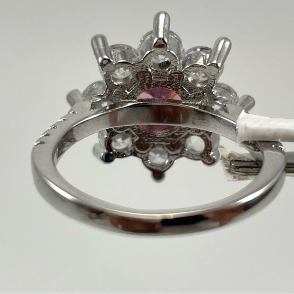 Exquisite Statement Pink White Diamond CZ Flower Star Silver Plated Boho Ring - Picture 3 of 4